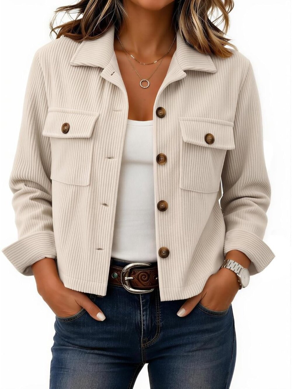 Women's Beige Fashion Cropped Corduroy Button Down Long Sleeve Trendy Jacket
